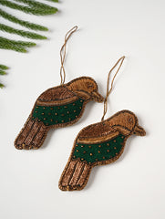 Hand Embroidered Zardozi Xmas Decorations - Green Antique Birds (Set of 2)