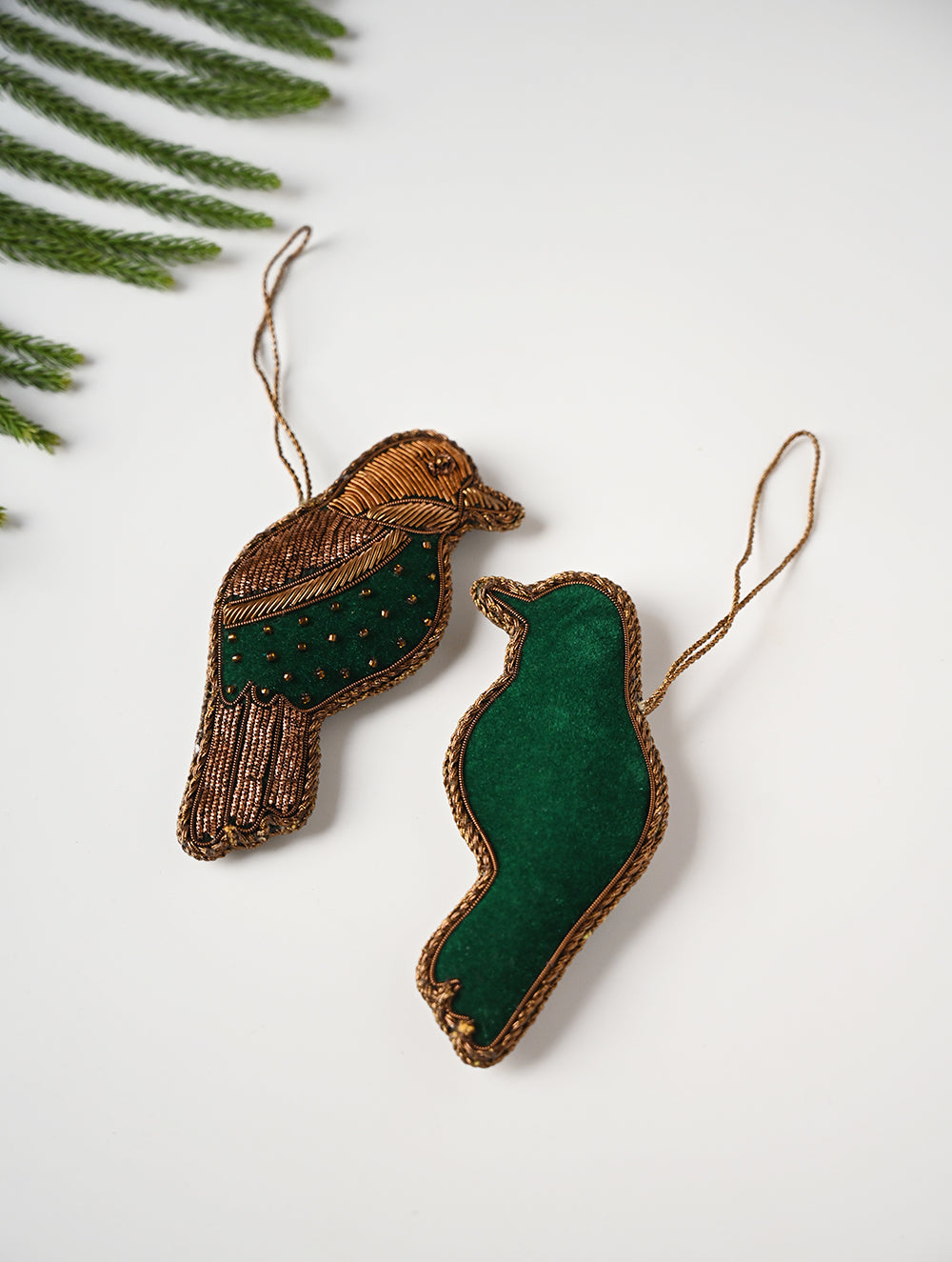 Load image into Gallery viewer, Hand Embroidered Zardozi Xmas Decorations - Green Antique Birds (Set of 2)