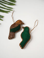 Hand Embroidered Zardozi Xmas Decorations - Green Antique Birds (Set of 2)