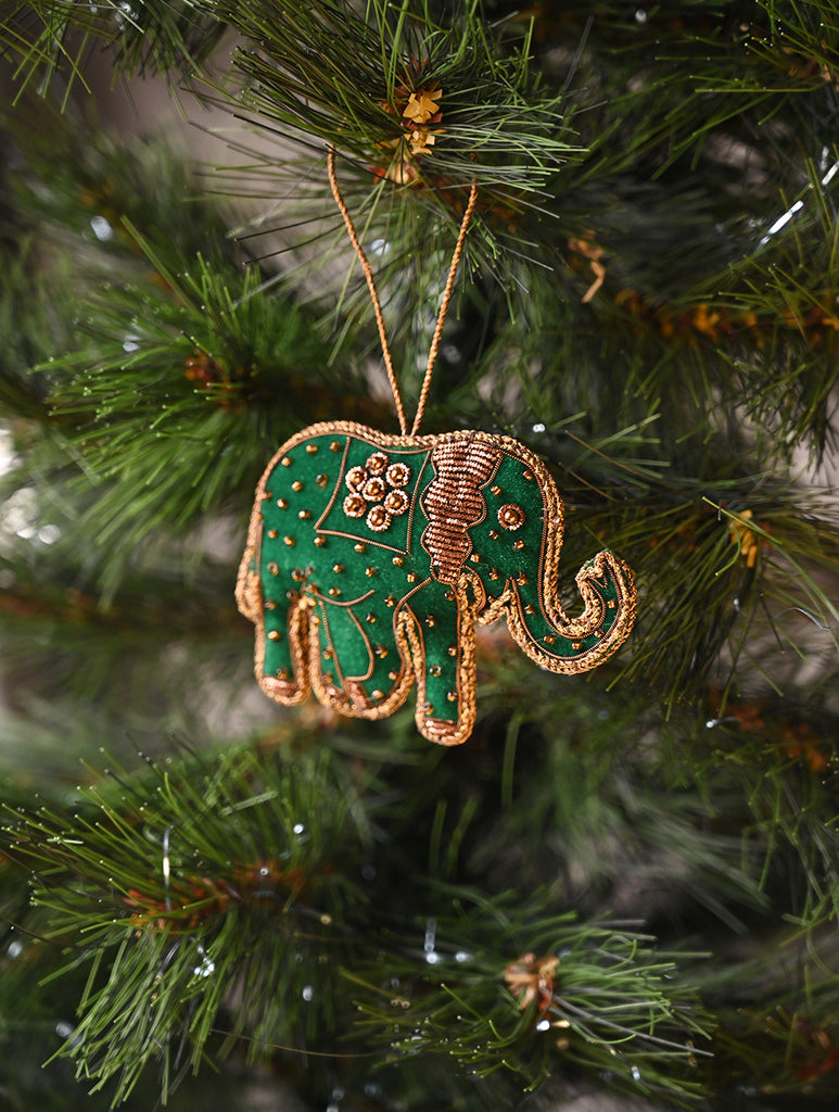 Hand Embroidered Zardozi Xmas Decorations - Green Antique Elephants (Set of 2)