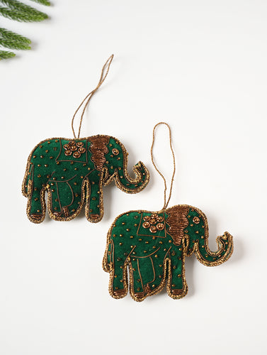 Hand Embroidered Zardozi Xmas Decorations - Green Antique Elephants (Set of 2)