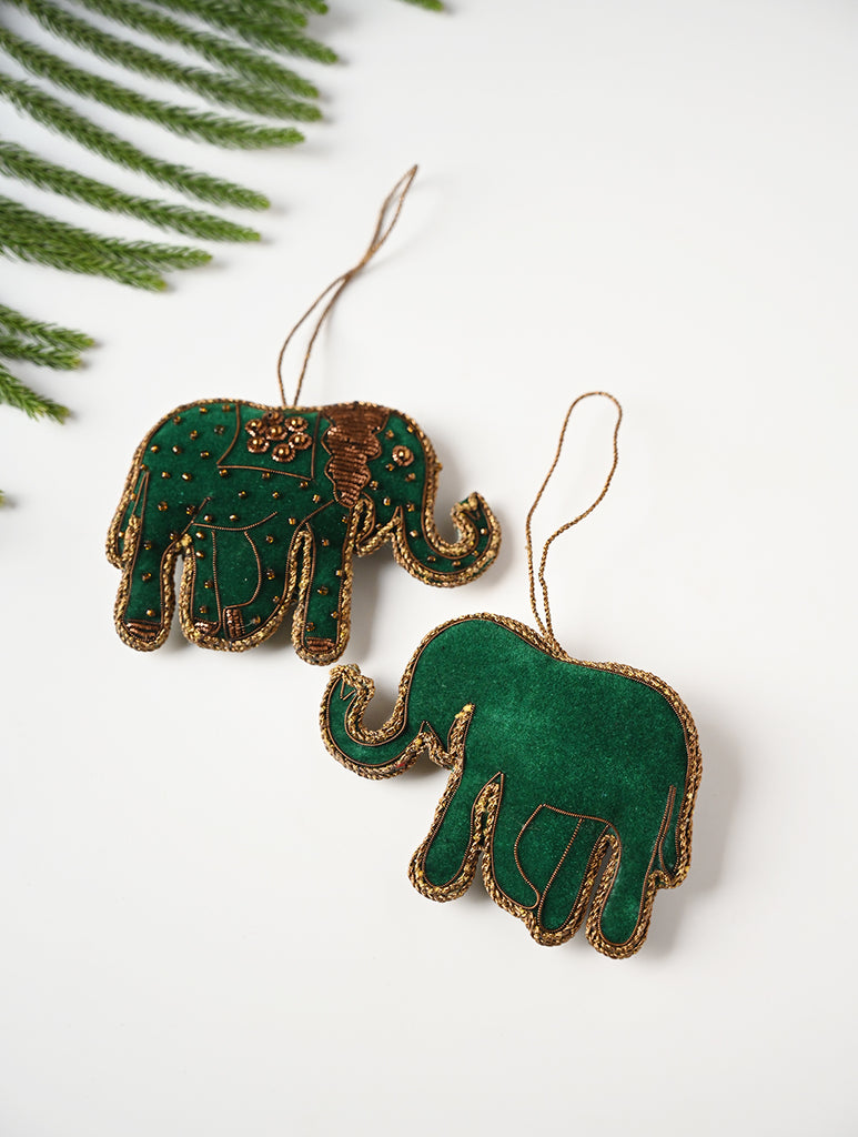 Hand Embroidered Zardozi Xmas Decorations - Green Antique Elephants (Set of 2)