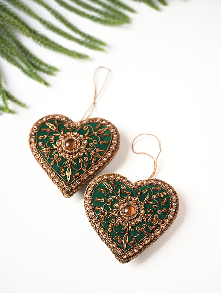 Hand Embroidered Zardozi Xmas Decorations - Green Antique Hearts (Set of 2)