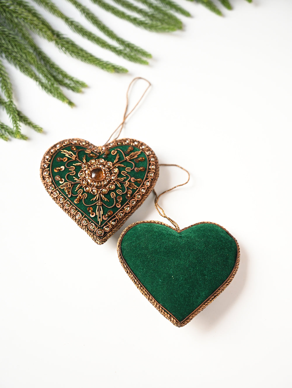 Load image into Gallery viewer, Hand Embroidered Zardozi Xmas Decorations - Green Antique Hearts (Set of 2)