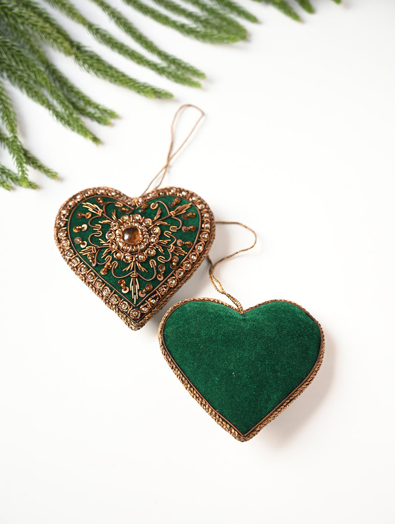 Hand Embroidered Zardozi Xmas Decorations - Green Antique Hearts (Set of 2)