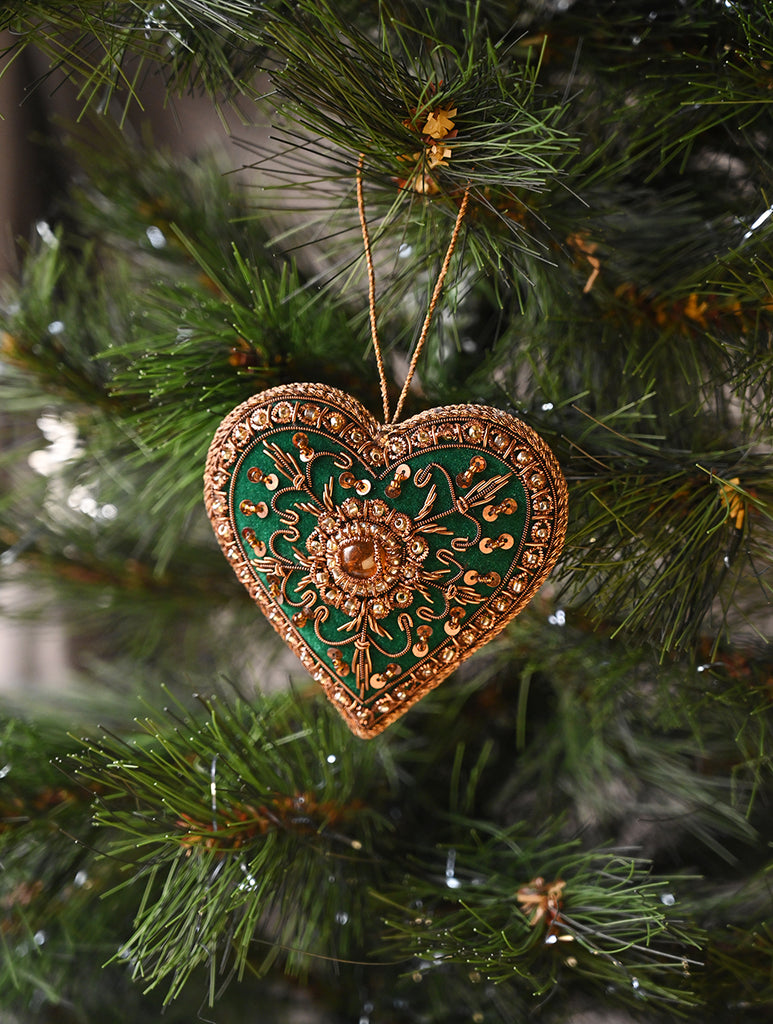 Hand Embroidered Zardozi Xmas Decorations - Green Antique Hearts (Set of 2)