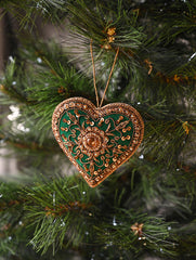Hand Embroidered Zardozi Xmas Decorations - Green Antique Hearts (Set of 2)