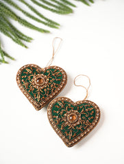 Hand Embroidered Zardozi Xmas Decorations - Green Antique Hearts (Set of 2)