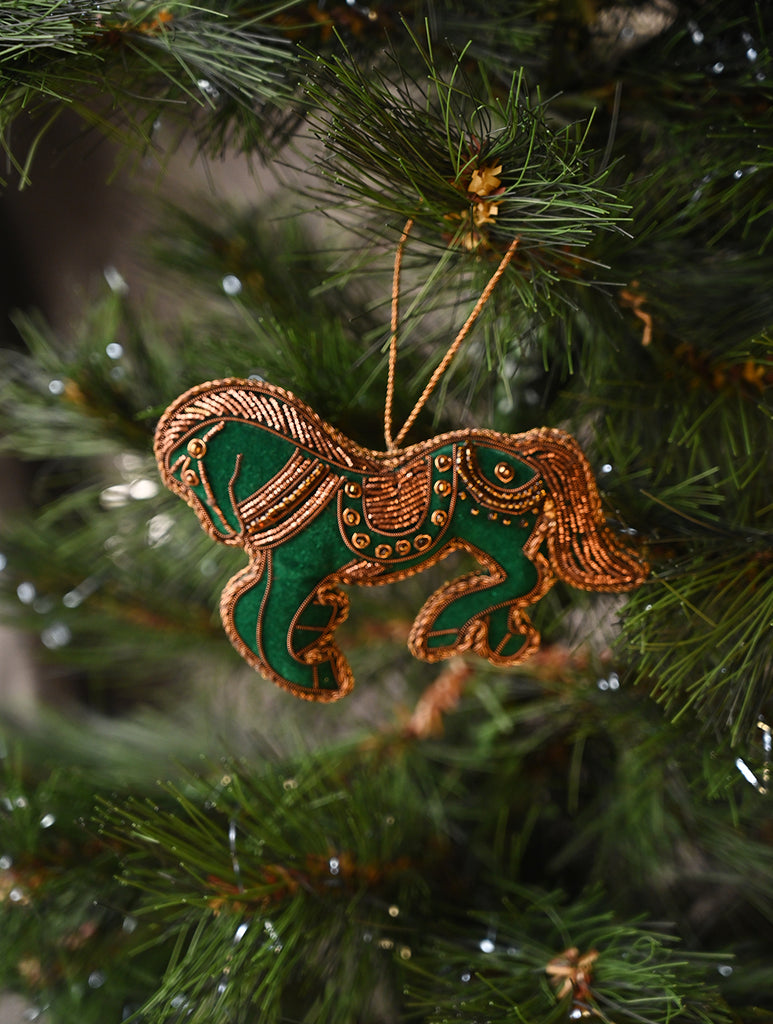 Hand Embroidered Zardozi Xmas Decorations - Green Antique Horses (Set of 2)
