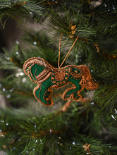 Load image into Gallery viewer, Hand Embroidered Zardozi Xmas Decorations - Green Antique Horses (Set of 2)