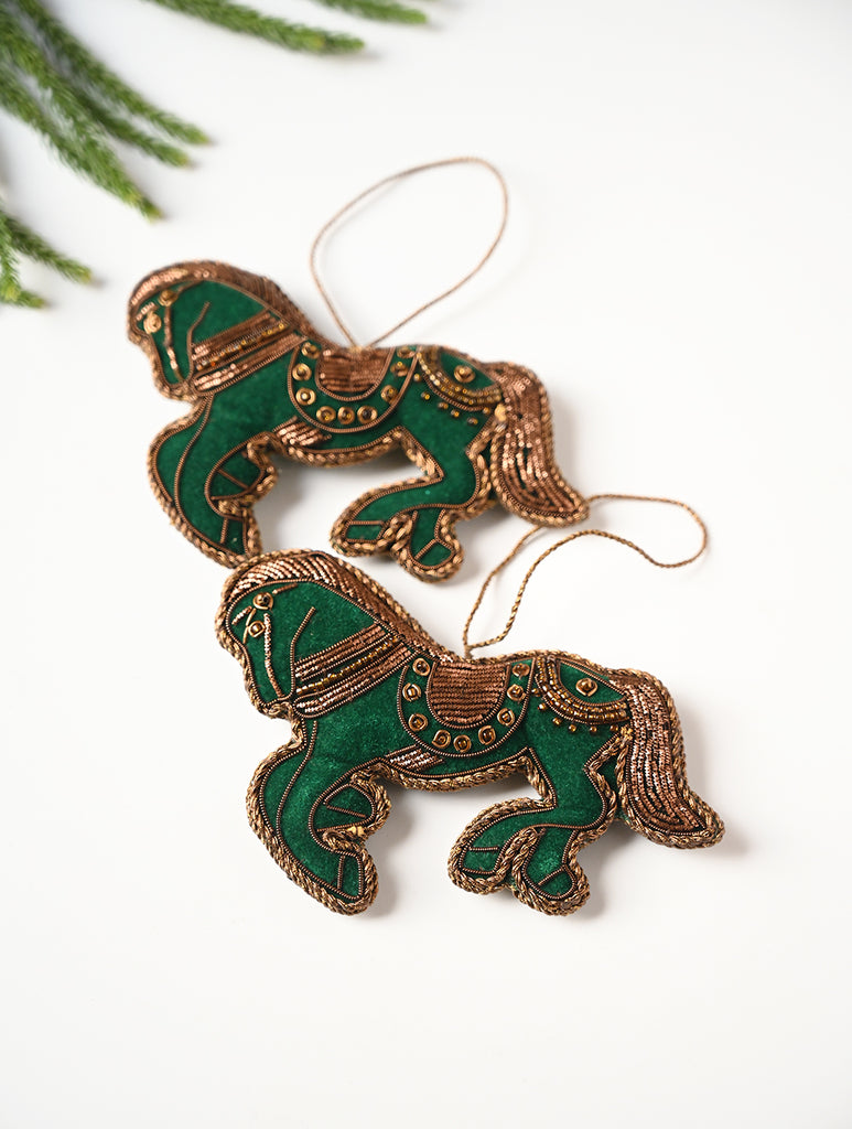 Hand Embroidered Zardozi Xmas Decorations - Green Antique Horses (Set of 2)