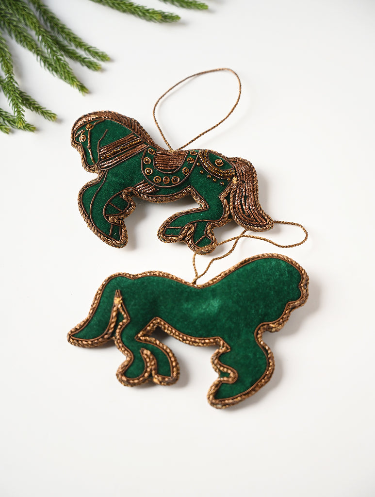 Hand Embroidered Zardozi Xmas Decorations - Green Antique Horses (Set of 2)