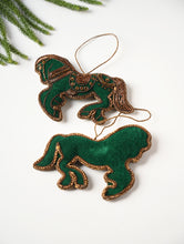 Load image into Gallery viewer, Hand Embroidered Zardozi Xmas Decorations - Green Antique Horses (Set of 2)