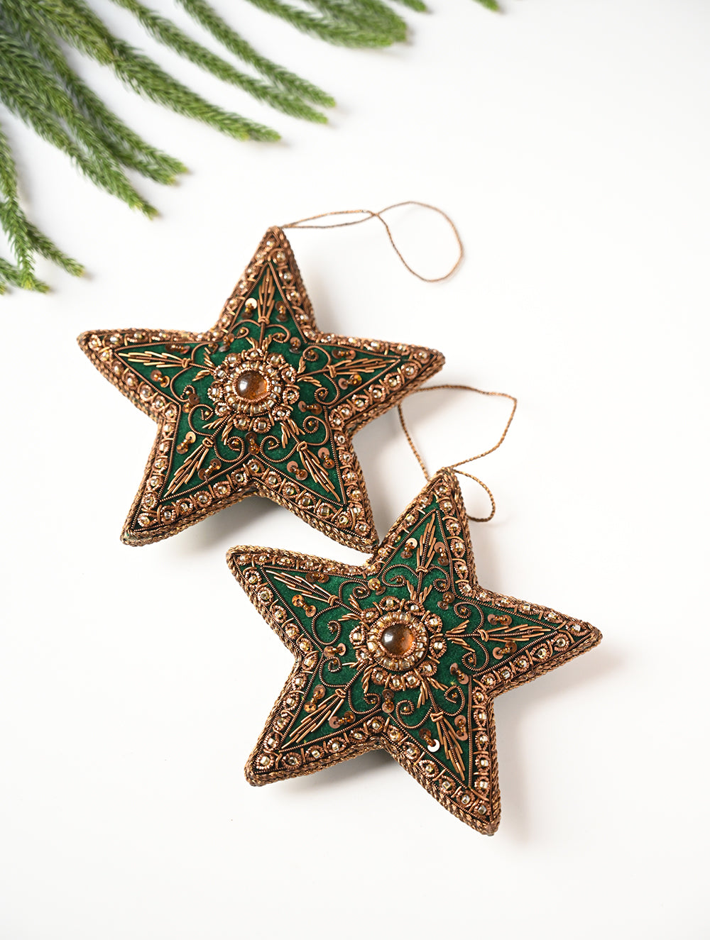 Hand Embroidered Zardozi Xmas Decorations - Green Antique Stars (Set of 2)