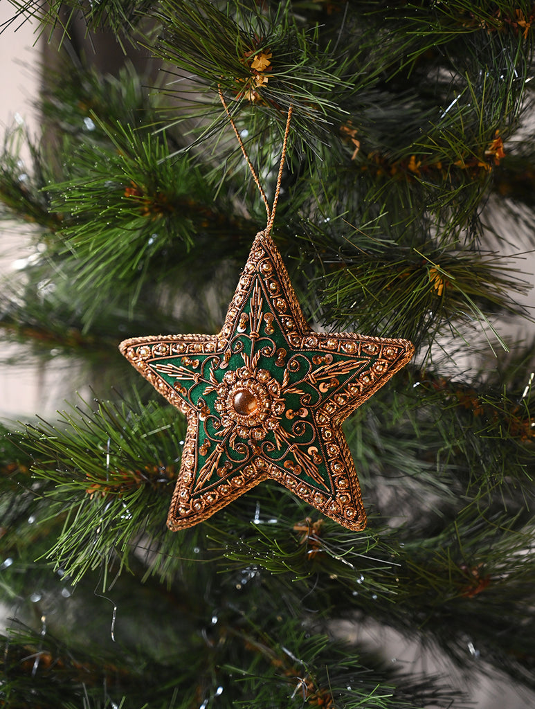Hand Embroidered Zardozi Xmas Decorations - Green Antique Stars (Set of 2)