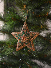 Load image into Gallery viewer, Hand Embroidered Zardozi Xmas Decorations - Green Antique Stars (Set of 2)