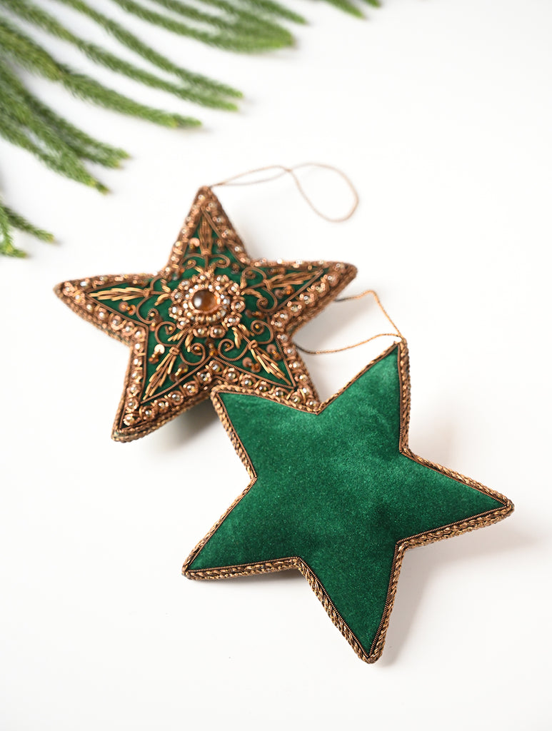 Hand Embroidered Zardozi Xmas Decorations - Green Antique Stars (Set of 2)