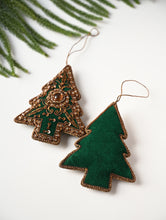 Load image into Gallery viewer, Hand Embroidered Zardozi Xmas Decorations - Green Antique Xmas Trees (Set of 2)