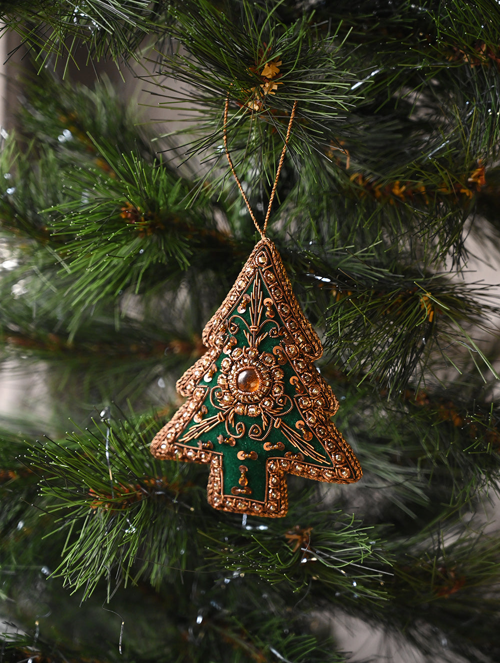 Load image into Gallery viewer, Hand Embroidered Zardozi Xmas Decorations - Green Antique Xmas Trees (Set of 2)