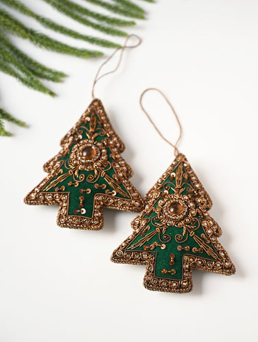 Hand Embroidered Zardozi Xmas Decorations - Green Antique Xmas Trees (Set of 2)