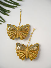 Load image into Gallery viewer, Hand Embroidered Zardozi Xmas Decorations - Green Gold Butterflies (Set of 2)