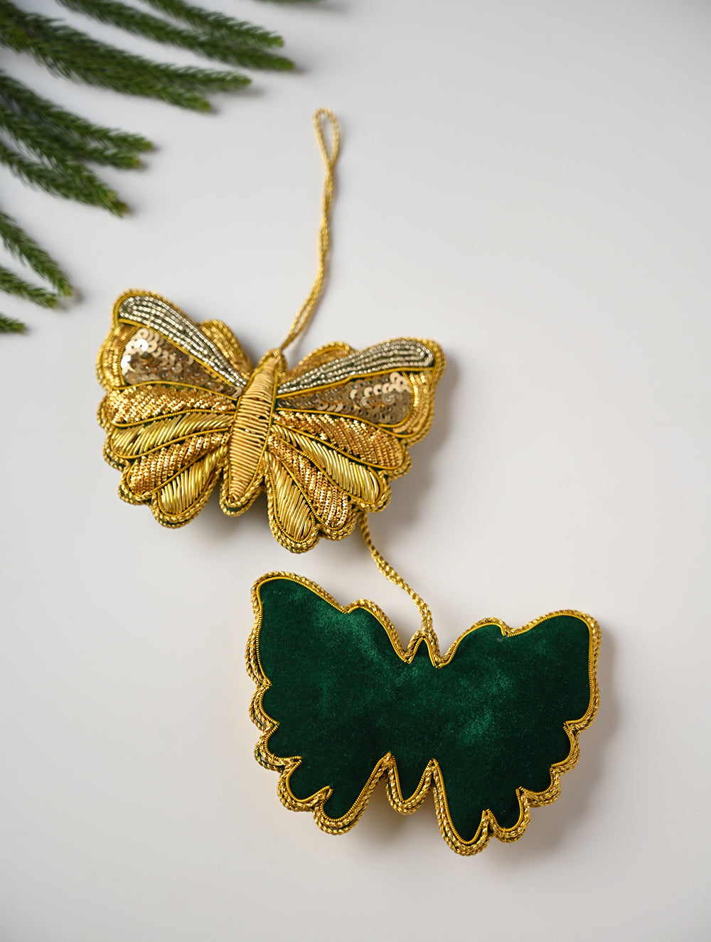 Load image into Gallery viewer, Hand Embroidered Zardozi Xmas Decorations - Green Gold Butterflies (Set of 2)