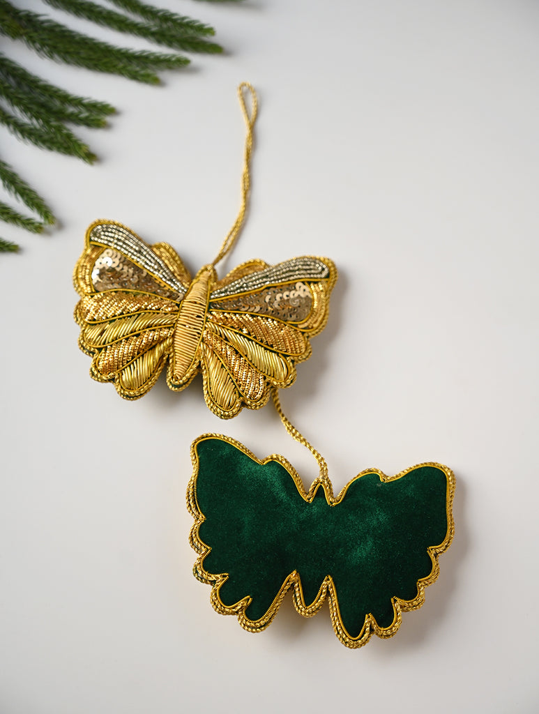 Hand Embroidered Zardozi Xmas Decorations - Green Gold Butterflies (Set of 2)