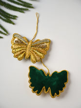 Load image into Gallery viewer, Hand Embroidered Zardozi Xmas Decorations - Green Gold Butterflies (Set of 2)
