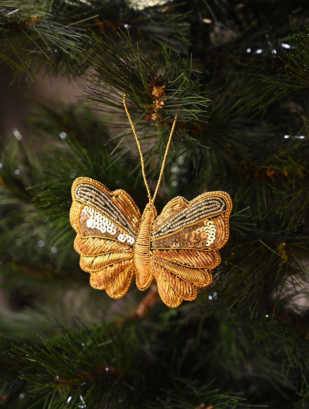 Load image into Gallery viewer, Hand Embroidered Zardozi Xmas Decorations - Green Gold Butterflies (Set of 2)