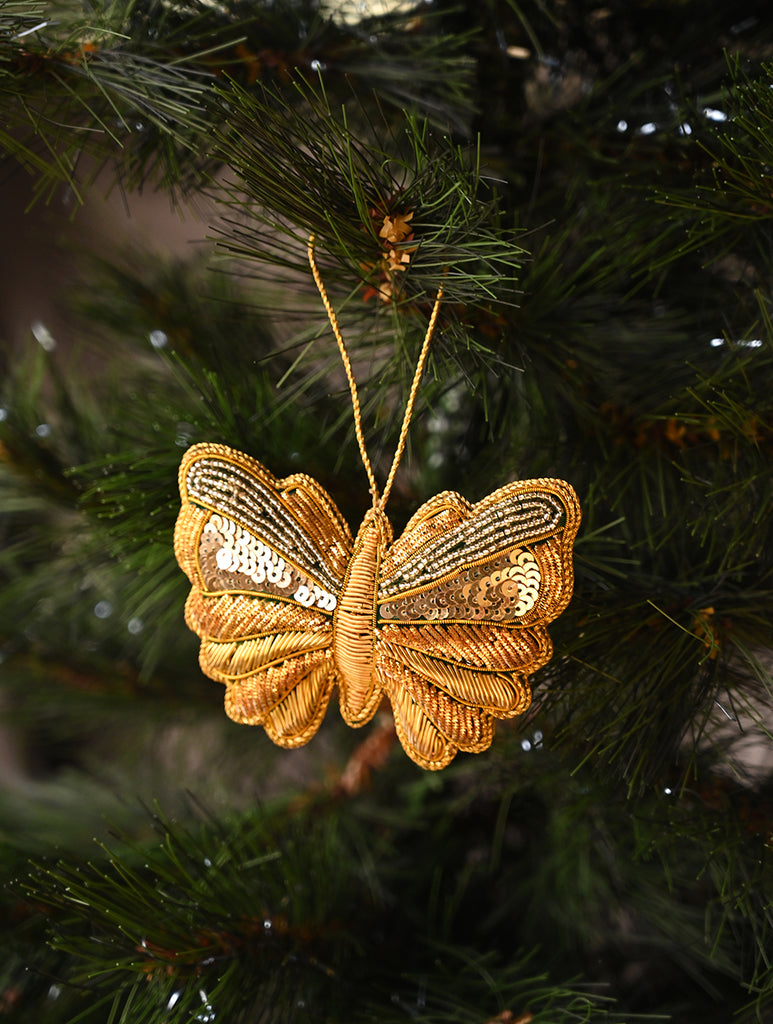 Hand Embroidered Zardozi Xmas Decorations - Green Gold Butterflies (Set of 2)