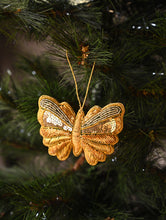 Load image into Gallery viewer, Hand Embroidered Zardozi Xmas Decorations - Green Gold Butterflies (Set of 2)