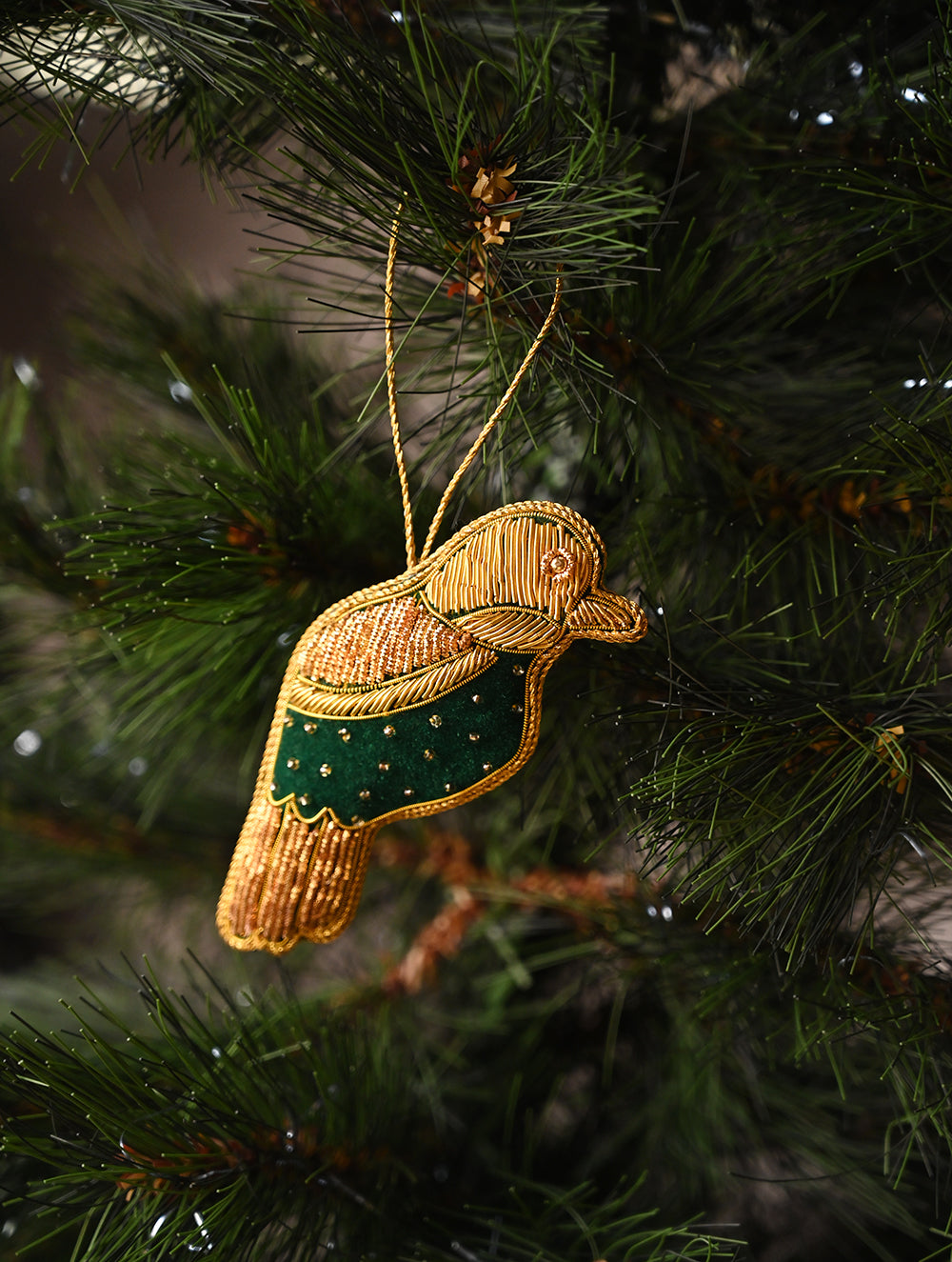Load image into Gallery viewer, Hand Embroidered Zardozi Xmas Decorations - Green &amp; Gold Birds (Set of 2)