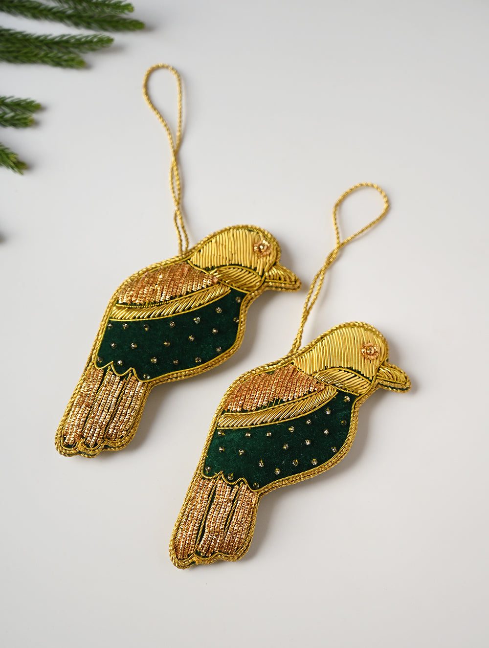 Load image into Gallery viewer, Hand Embroidered Zardozi Xmas Decorations - Green &amp; Gold Birds (Set of 2)