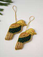 Load image into Gallery viewer, Hand Embroidered Zardozi Xmas Decorations - Green &amp; Gold Birds (Set of 2)