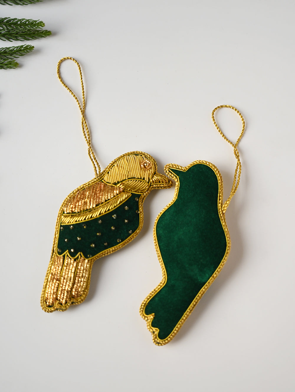 Load image into Gallery viewer, Hand Embroidered Zardozi Xmas Decorations - Green &amp; Gold Birds (Set of 2)