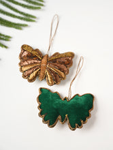 Load image into Gallery viewer, Hand Embroidered Zardozi Xmas Decorations - Green &amp; Gold Butterflies (Set of 2)