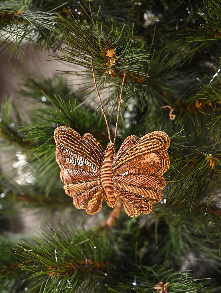 Hand Embroidered Zardozi Xmas Decorations - Green & Gold Butterflies (Set of 2)