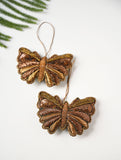 Hand Embroidered Zardozi Xmas Decorations - Green & Gold Butterflies (Set of 2)