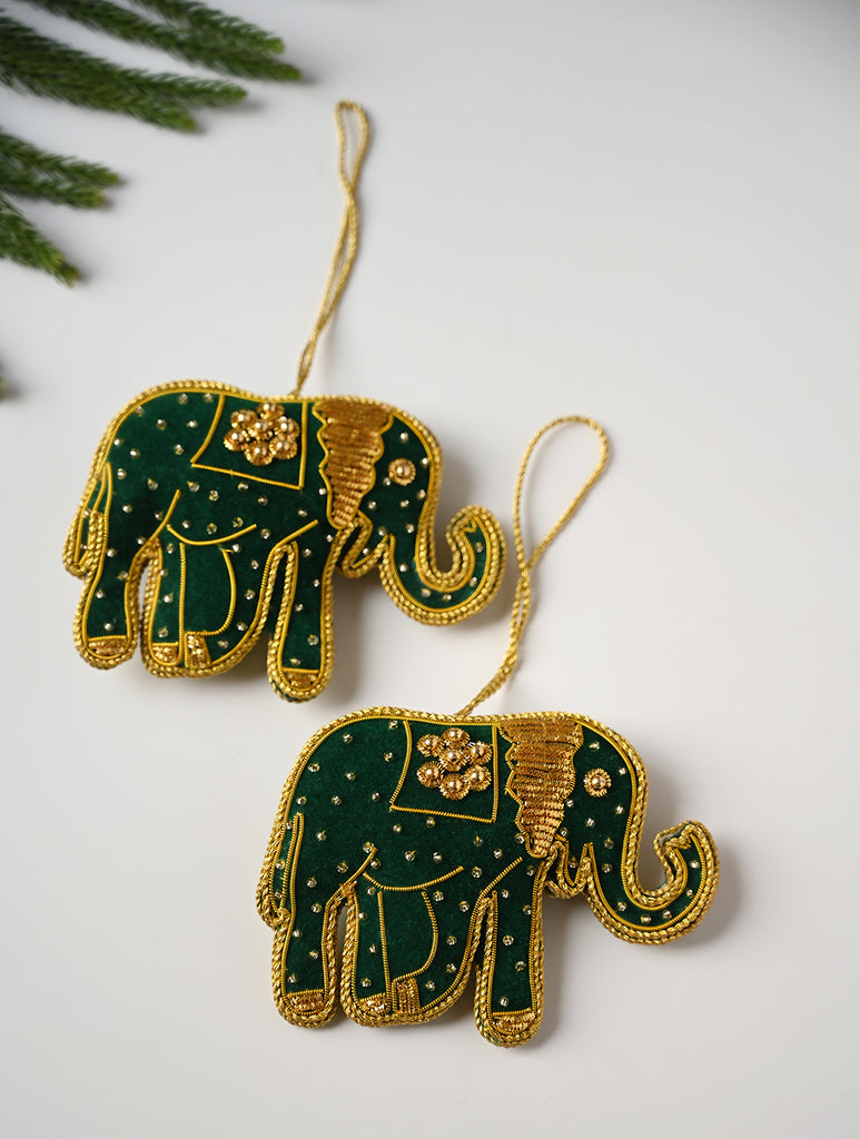 Hand Embroidered Zardozi Xmas Decorations - Green & Gold Elephants (Set of 2)