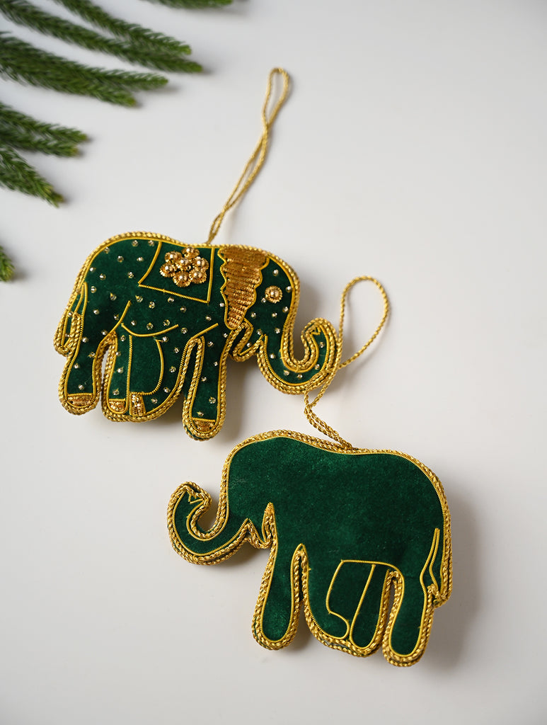 Hand Embroidered Zardozi Xmas Decorations - Green & Gold Elephants (Set of 2)