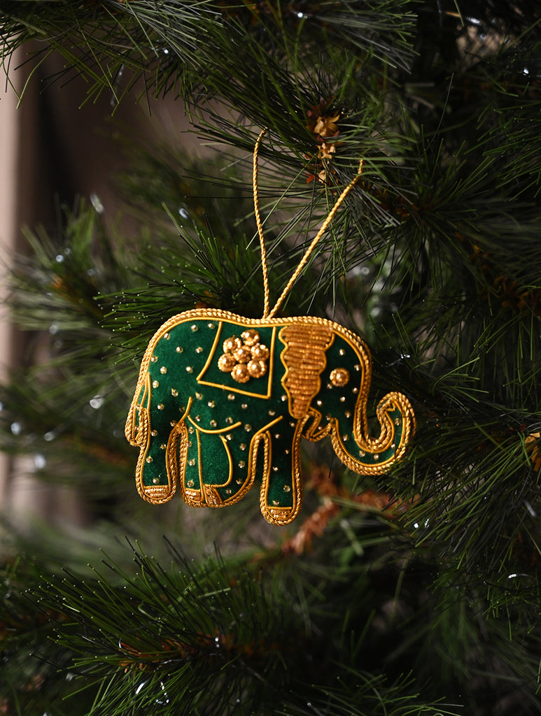 Hand Embroidered Zardozi Xmas Decorations - Green & Gold Elephants (Set of 2)