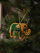 Load image into Gallery viewer, Hand Embroidered Zardozi Xmas Decorations - Green &amp; Gold Elephants (Set of 2)