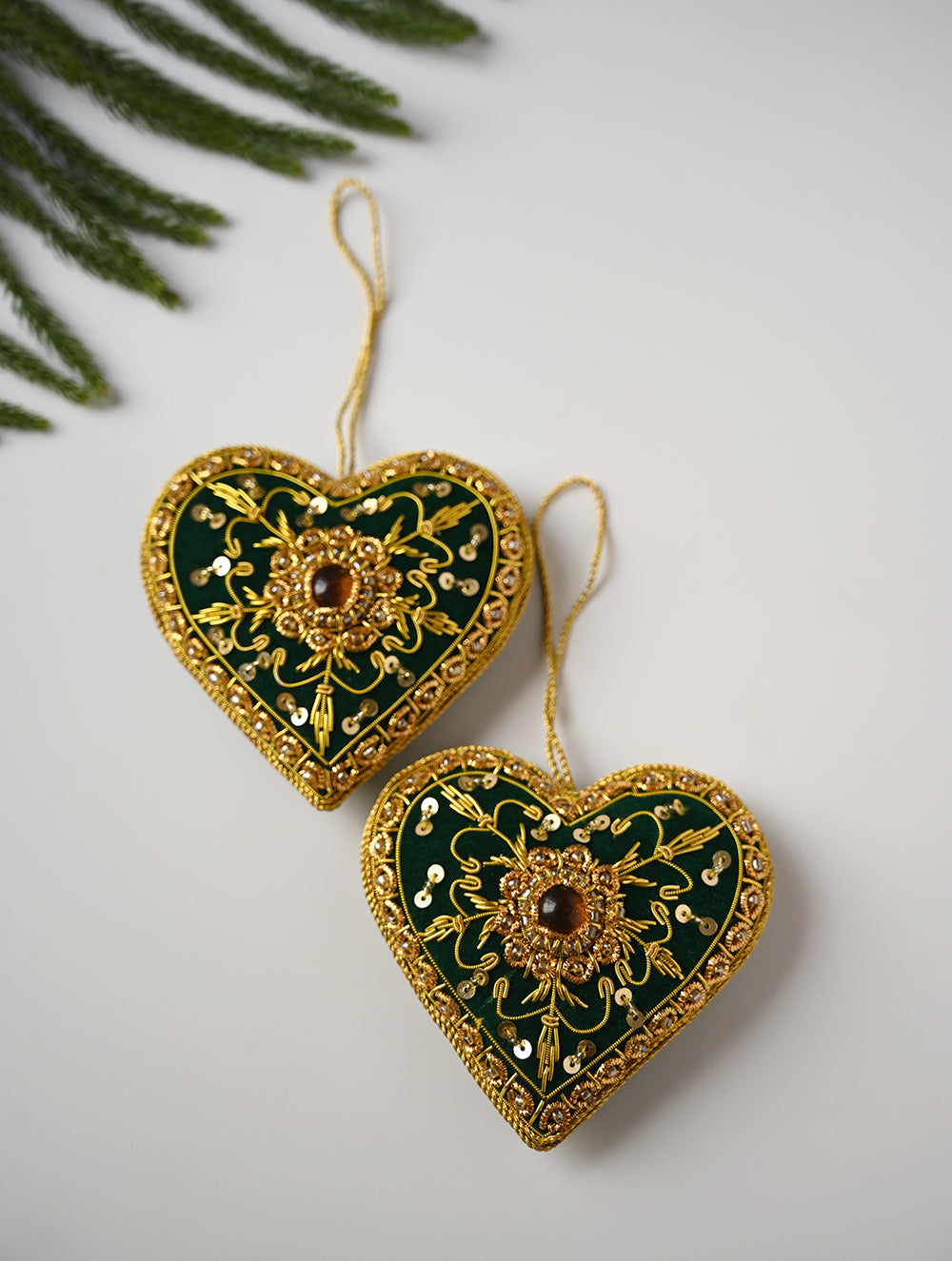 Load image into Gallery viewer, Hand Embroidered Zardozi Xmas Decorations - Green &amp; Gold Hearts (Set of 2)