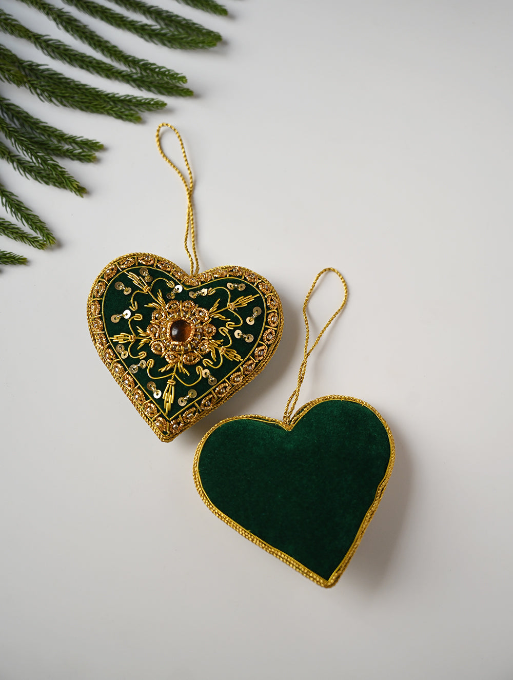 Load image into Gallery viewer, Hand Embroidered Zardozi Xmas Decorations - Green &amp; Gold Hearts (Set of 2)