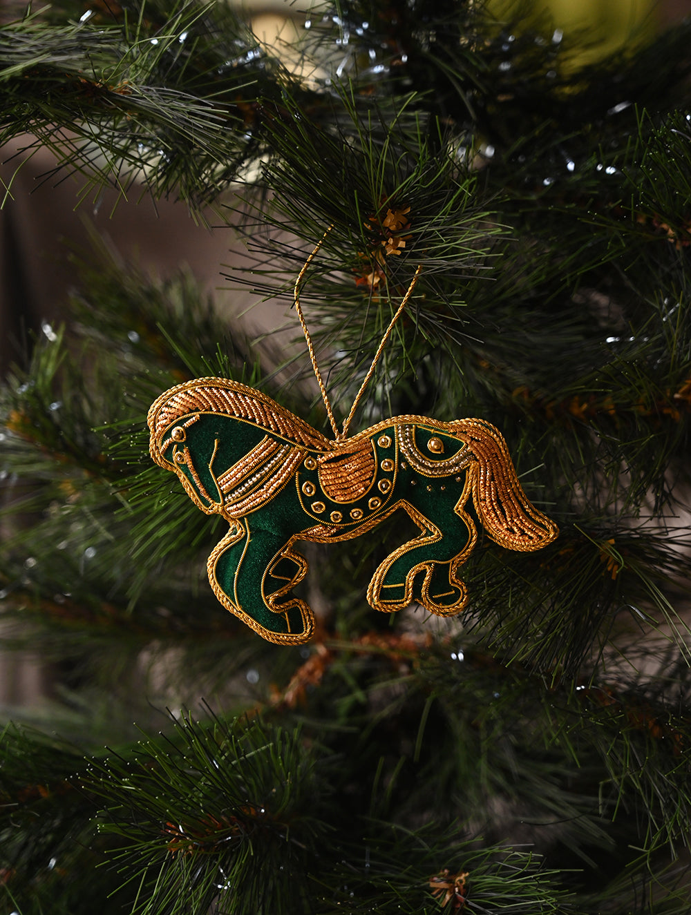 Load image into Gallery viewer, Hand Embroidered Zardozi Xmas Decorations - Green &amp; Gold Horses (Set of 2)