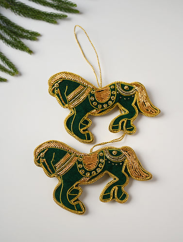 Hand Embroidered Zardozi Xmas Decorations - Green & Gold Horses (Set of 2)