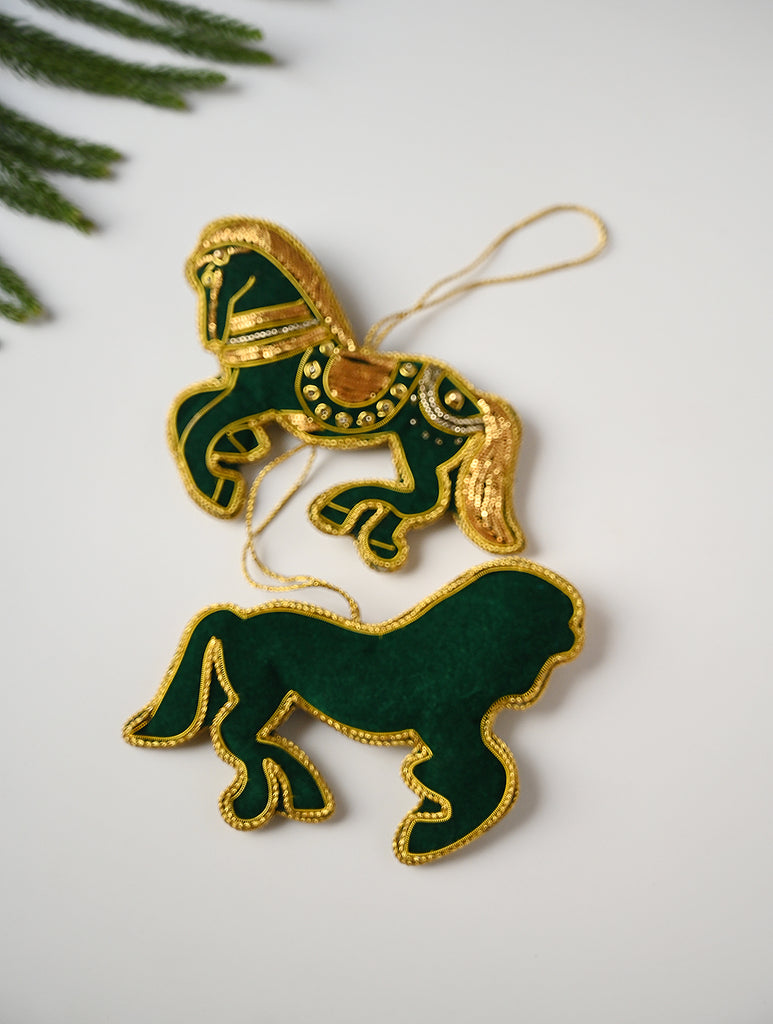 Hand Embroidered Zardozi Xmas Decorations - Green & Gold Horses (Set of 2)