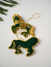 Load image into Gallery viewer, Hand Embroidered Zardozi Xmas Decorations - Green &amp; Gold Horses (Set of 2)