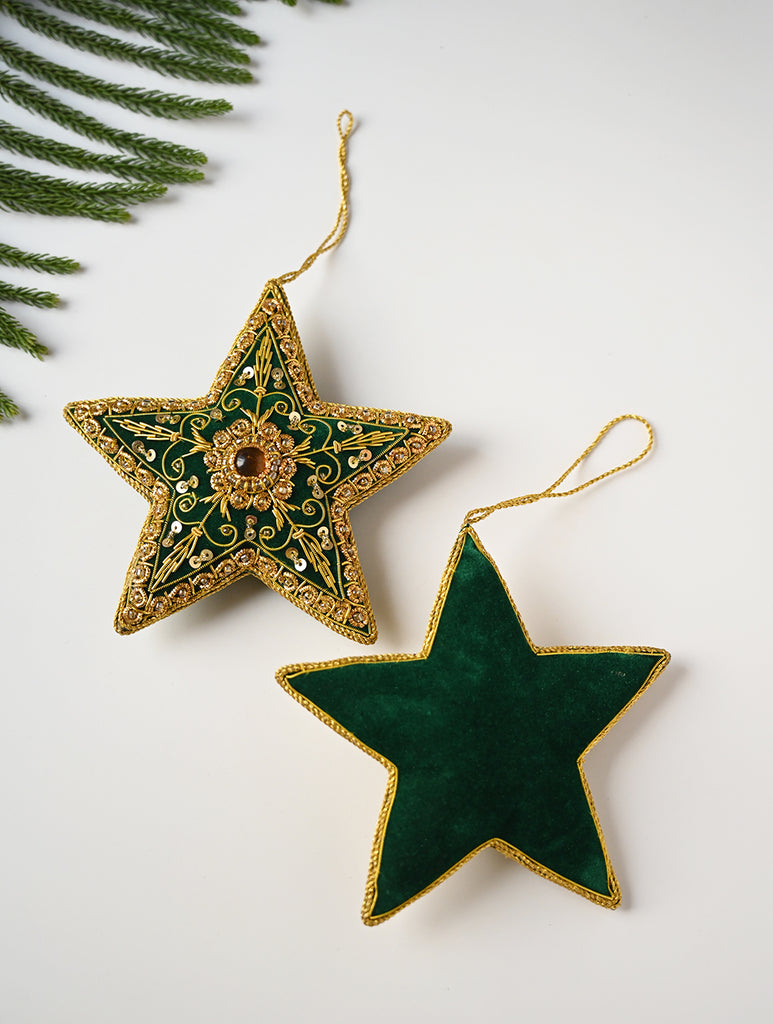 Hand Embroidered Zardozi Xmas Decorations - Green & Gold Stars (Set of 2)