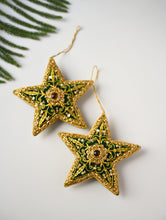 Load image into Gallery viewer, Hand Embroidered Zardozi Xmas Decorations - Green &amp; Gold Stars (Set of 2)